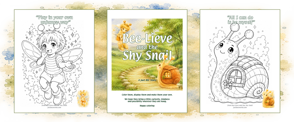 Three coloring posters from the picture story book bee-lieve and the shy snail