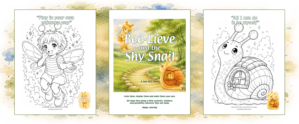Three coloring posters from the picture story book bee-lieve and the shy snail
