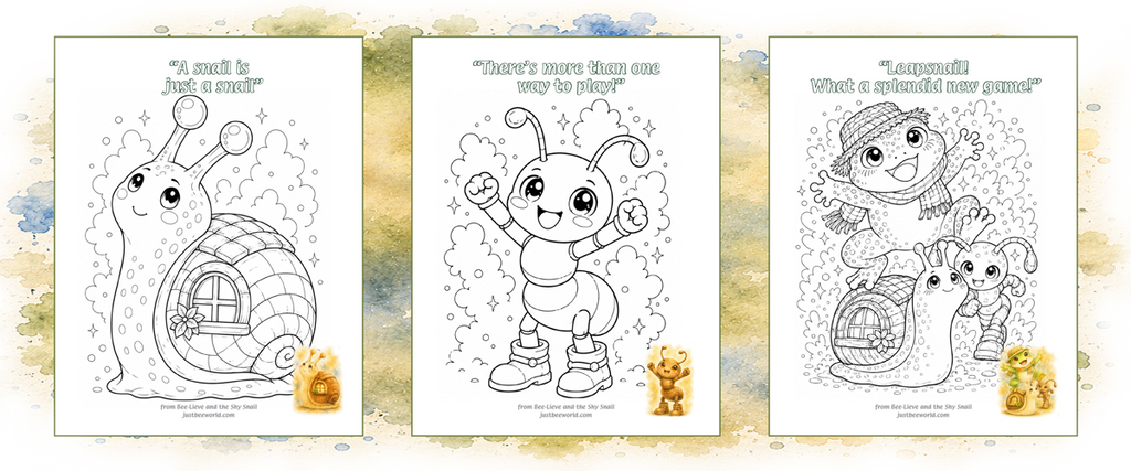 Three coloring pages featuring shy snail anxious ant and fearful frog characters with message on a watercolour background.