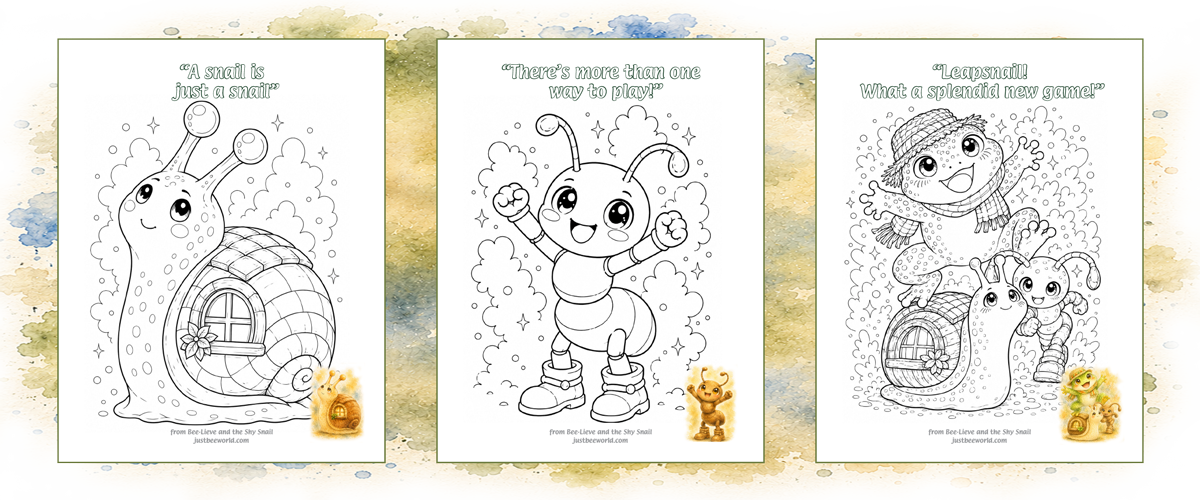 Three coloring pages featuring shy snail anxious ant and fearful frog characters with message on a watercolour background.