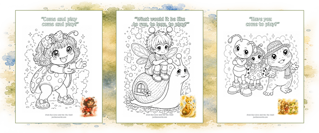 Three coloring pages with cartoon characters on a white background