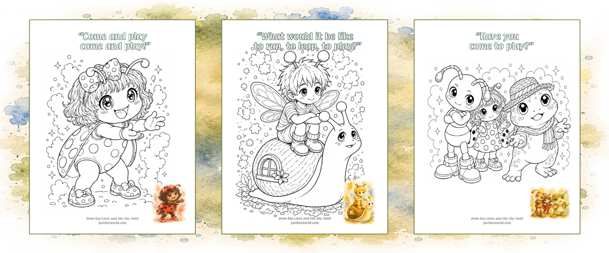 Three coloring pages with cartoon characters on a white background