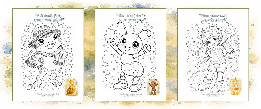 Three coloring pages of frog ant and bee-lieve and positive message on a decorative background.