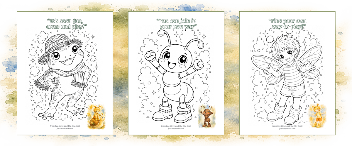 Three coloring pages of frog ant and bee-lieve and positive message on a decorative background.