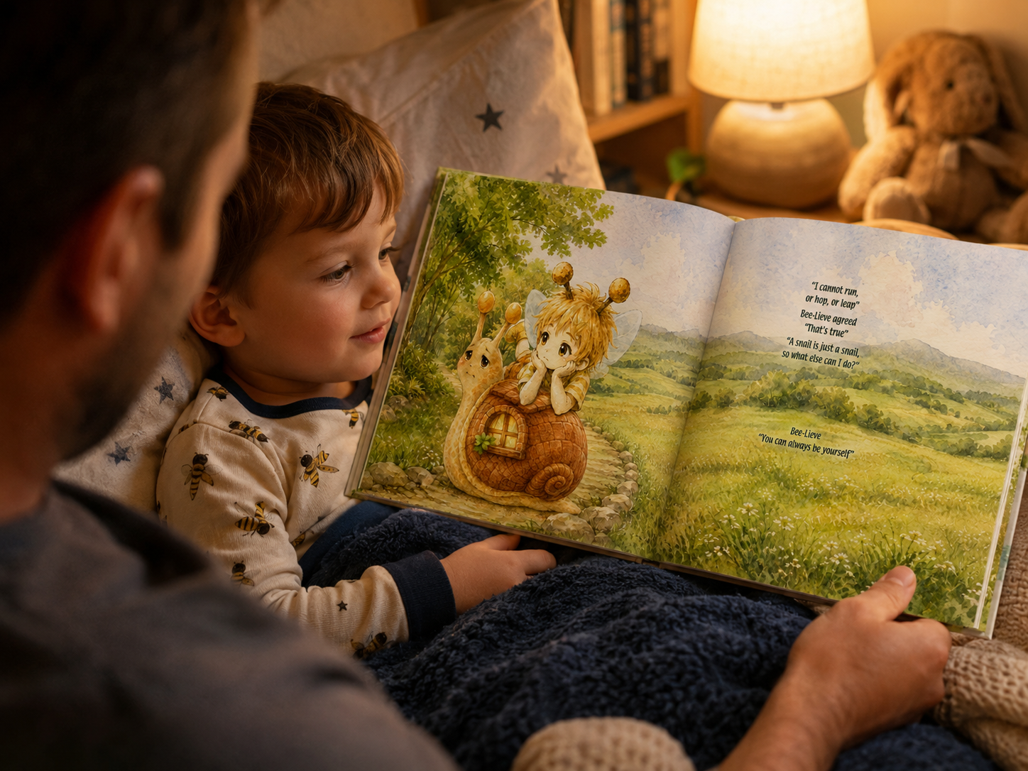father and young child rreading bee-lieve and the shy snail picture book at bedtime