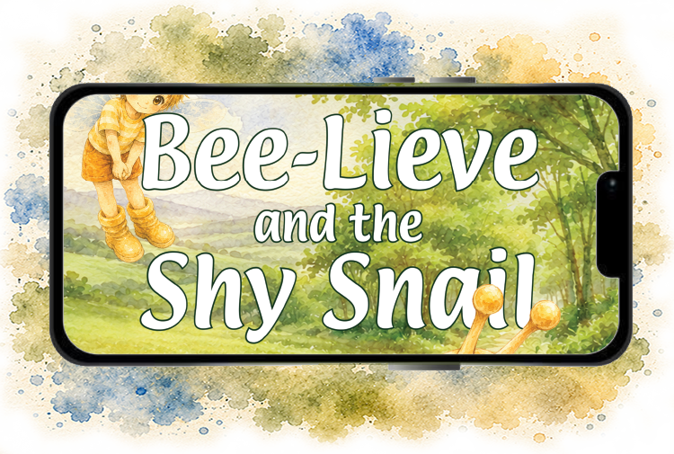 Phone screen displaying 'Bee-Lieve and the Shy Snail' story book for pre school children.