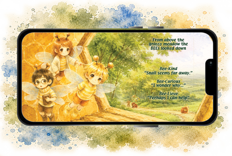 Phone screen displaying an animated scene with bee characters and text on a nature-themed background