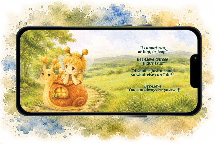Phone screen displaying an animated scene with a shy snail and bee-lieve, on a woodland path.