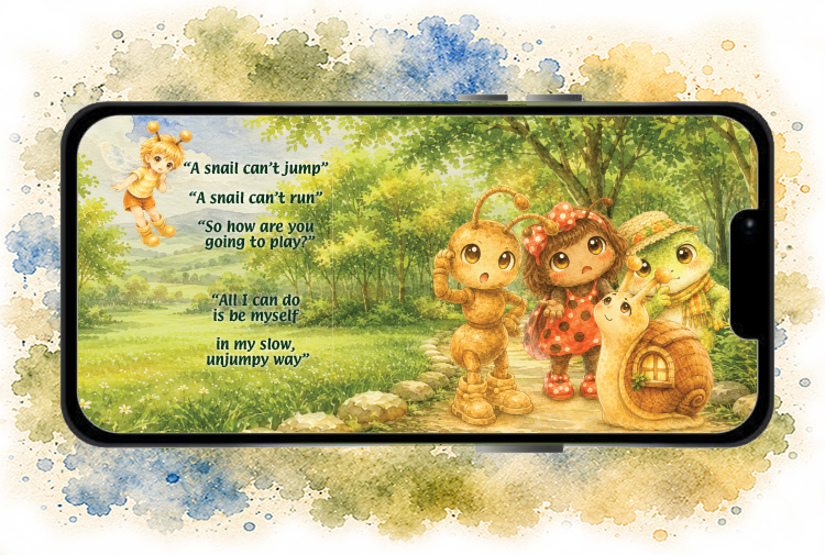 Phone screen displaying a scene from bee-lieve and the shy snail story picture book for elementary kids